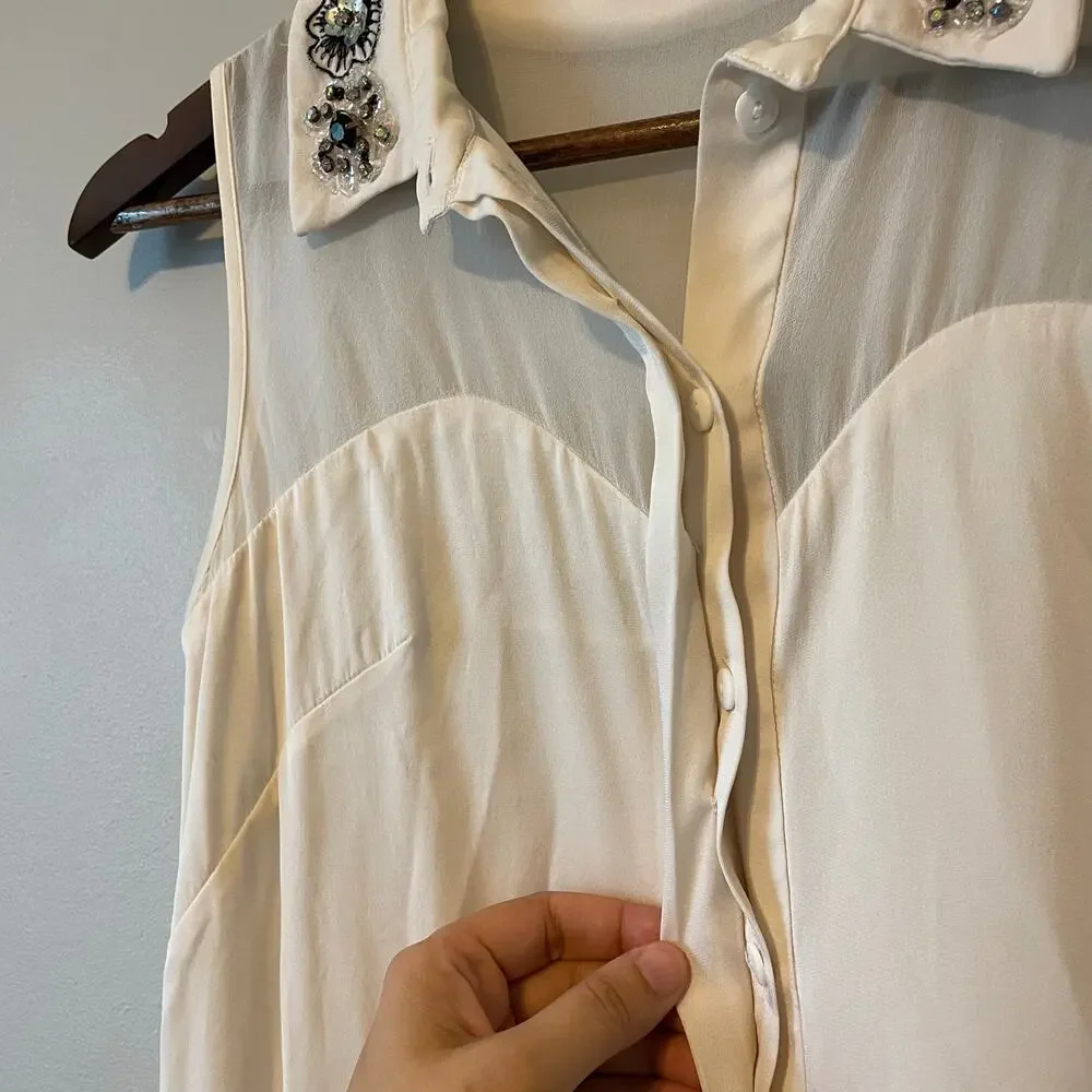 Milly Jane Silk Crepe Sleeveless Blouse cream embellished collar sz 2 - Picture 5 of 15